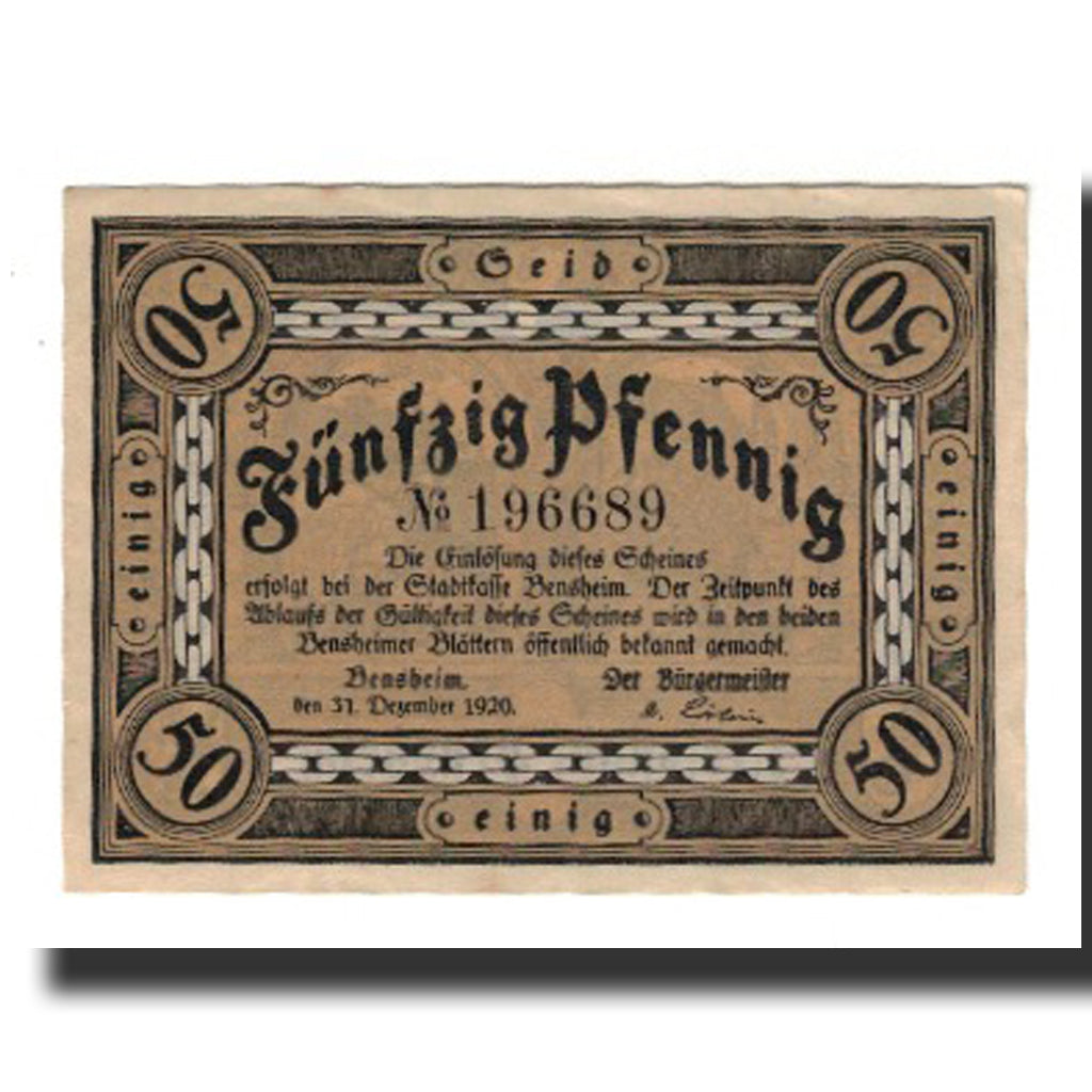 Banknote, Germany, Bensheim Stadt, 50 Pfennig, Arches, 1920, 1920-12-31