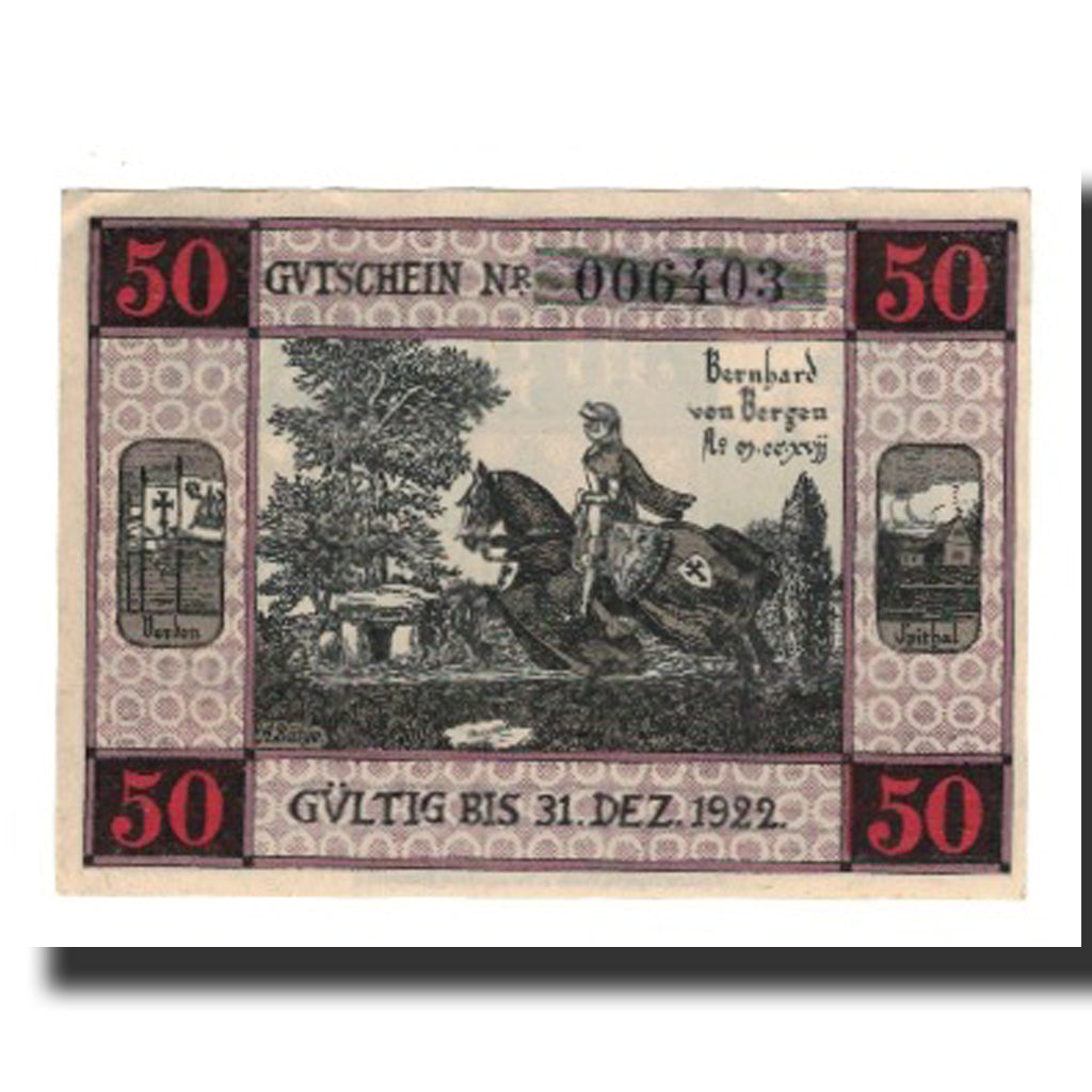 Banknote, Germany, Bergen a.d. Dumme Germeinde, 50 Pfennig, personnage, 1922