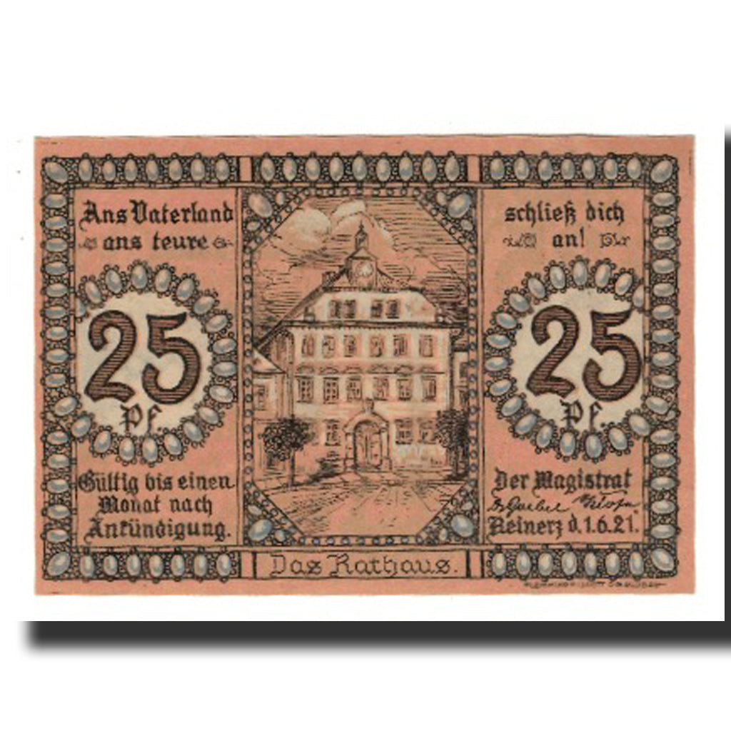 Banconote, Germania, Reinerz, Bad Stadt, 25 Pfennig, Batiment, 1921, 1921-06-01