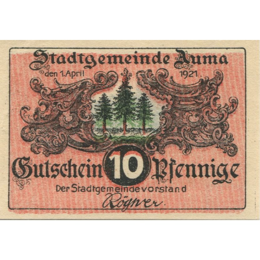 Billet, Allemagne, Auma Stadt, 10 Pfennig, paysage, 1921, 1921-04-01, SUP