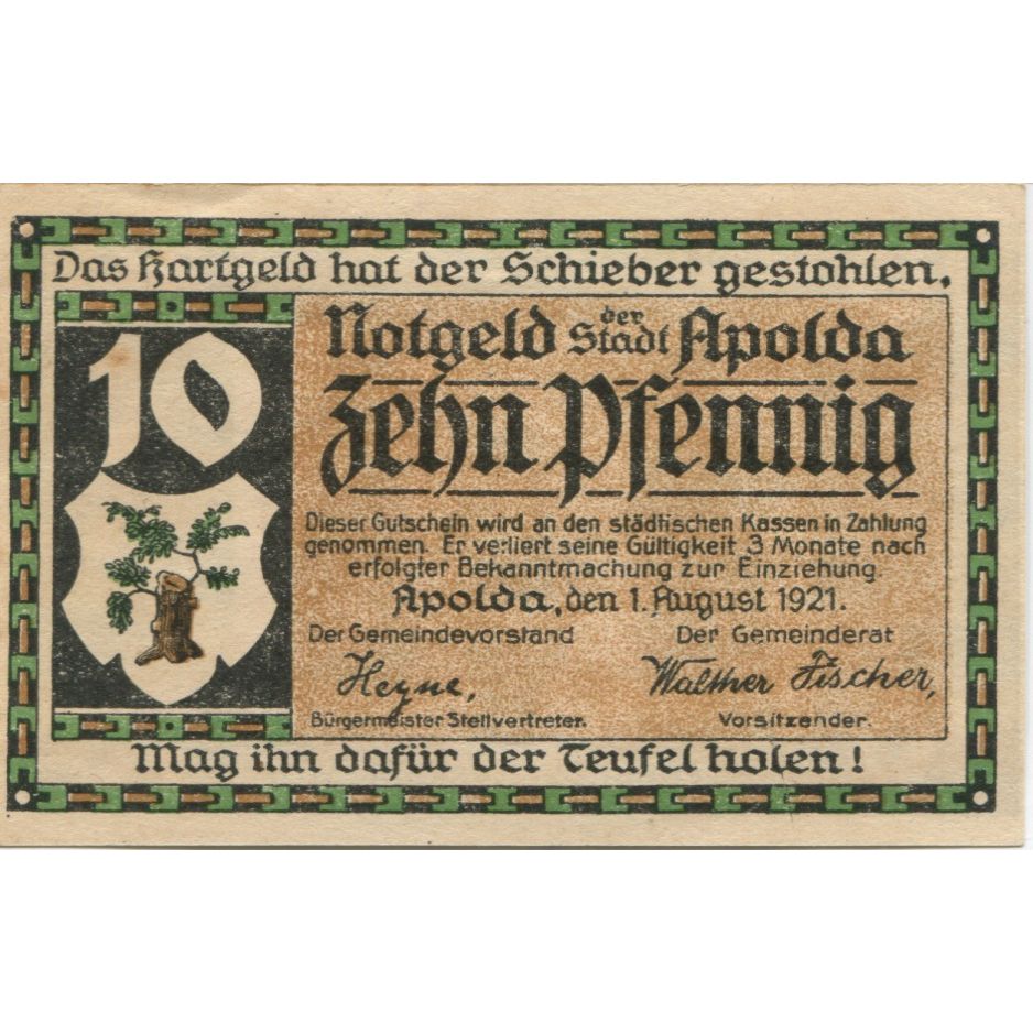 Banknote, Germany, Apolda Stadt, 10 Pfennig, personnage, 1921, 1921-08-01