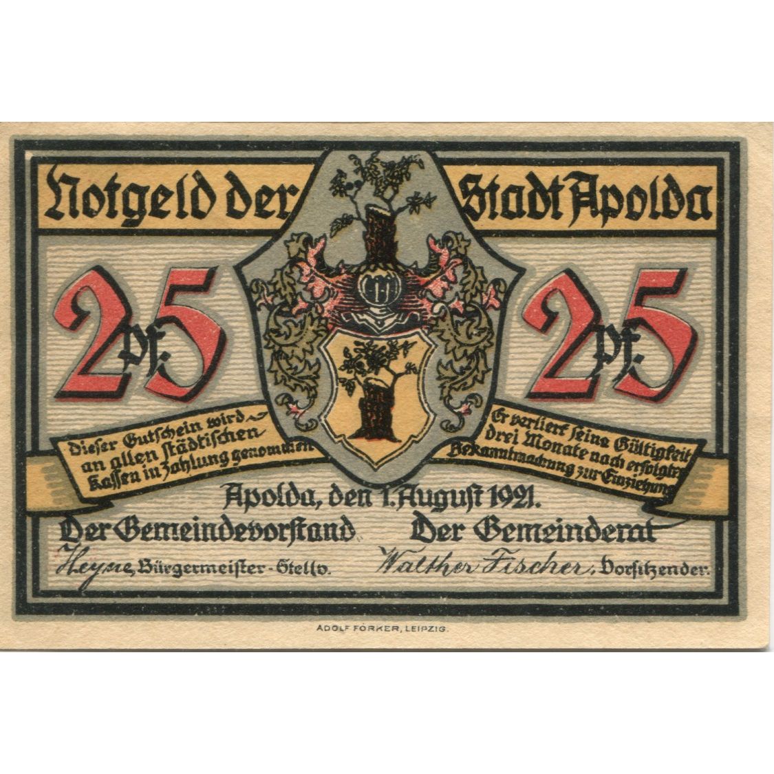 Banknote, Germany, Apolda Stadt, 25 Pfennig, personnage 5, 1921, 1921-08-01