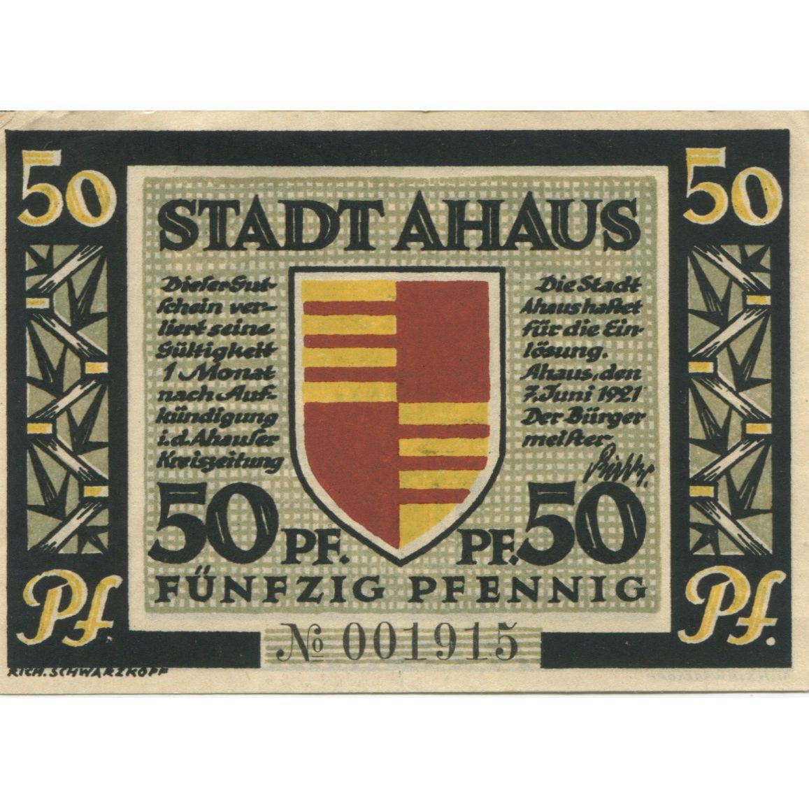 Billet, Allemagne, Ahaus Stadt, 50 Pfennig, paysage, 1921, 1921-06-07, SUP