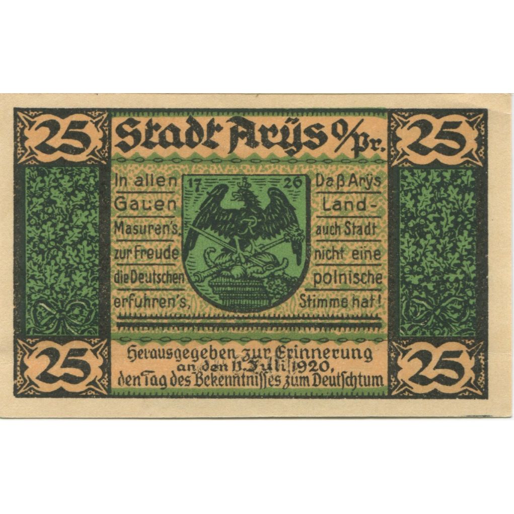 Banconote, Germania, Arys Stadt, 25 Pfennig, Texte, 1921, 1921-02-01, SPL-