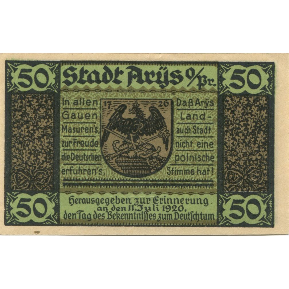 Banknote, Germany, Arys Stadt, 50 Pfennig, Texte, 1921, 1921-02-01, AU(55-58)