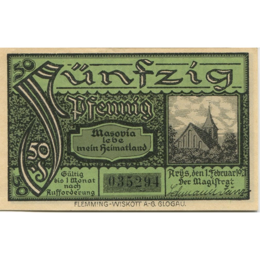 Banknote, Germany, Arys Stadt, 50 Pfennig, Texte, 1921, 1921-02-01, AU(55-58)