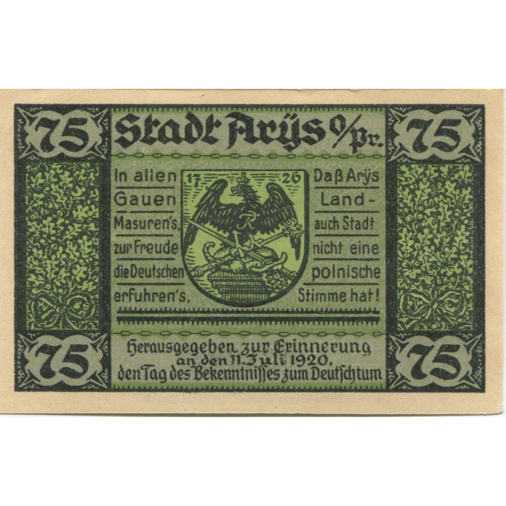Billet, Allemagne, Arys Stadt, 75 Pfennig, Texte, 1921, 1921-02-01, SUP