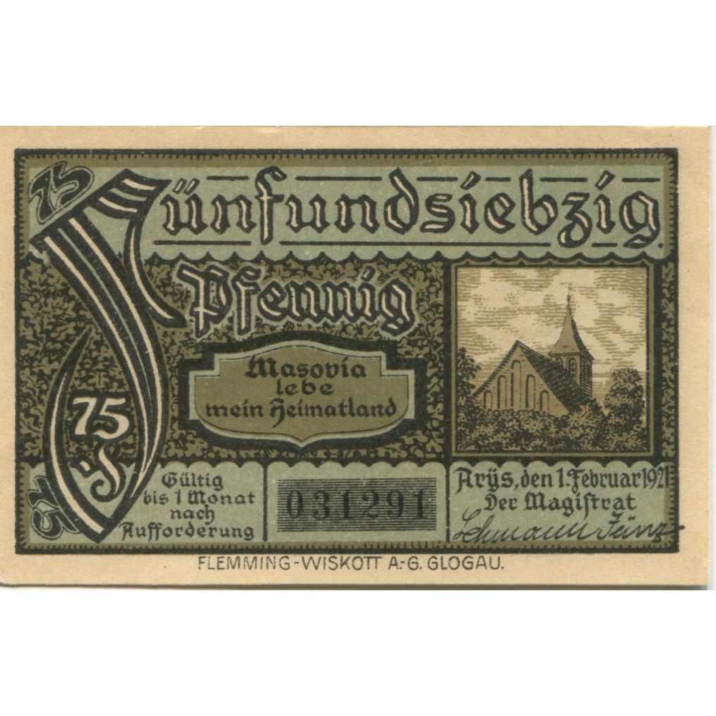 Billet, Allemagne, Arys Stadt, 75 Pfennig, Texte, 1921, 1921-02-01, SUP