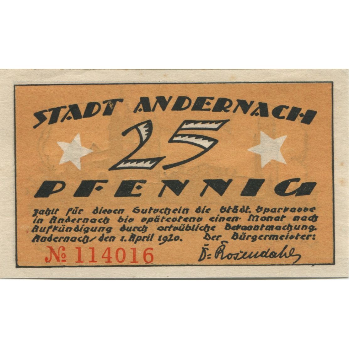 Banknote, Germany, Andernach Stadt, 25 Pfennig, Batiment, 1920, 1920-04-01