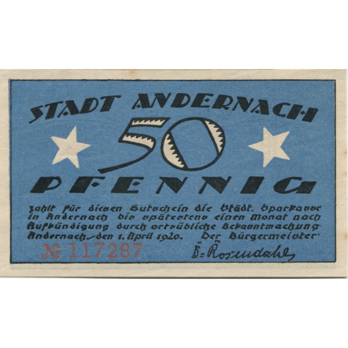 Banknote, Germany, Andernach Stadt, 50 Pfennig, Batiment, 1920, 1920-04-01