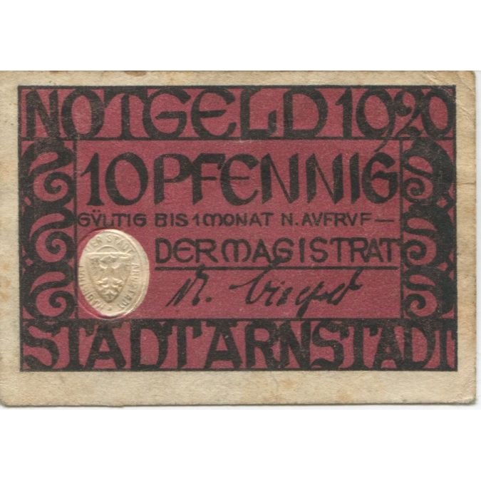 Banknote, Germany, Arnstadt Stadt, 10 Pfennig, oiseau, 1920, EF(40-45)