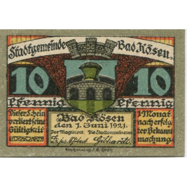 Banknote, Germany, Kösen Bad Stadt, 10 Pfennig, machine, 1921, 1921-06-01