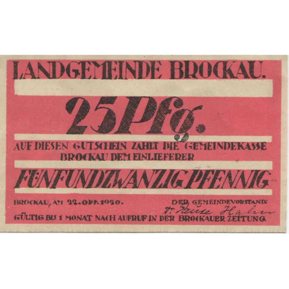 Banknote, Germany, Brockau Gemeinde, 25 Pfennig, valeur faciale, 1920