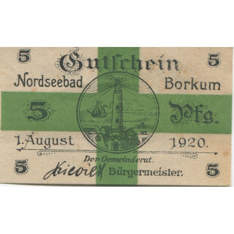 Banconote, Germania, Borkum Gemeinde, 5 Pfennig, Texte, 1920, 1920-08-01, SPL-