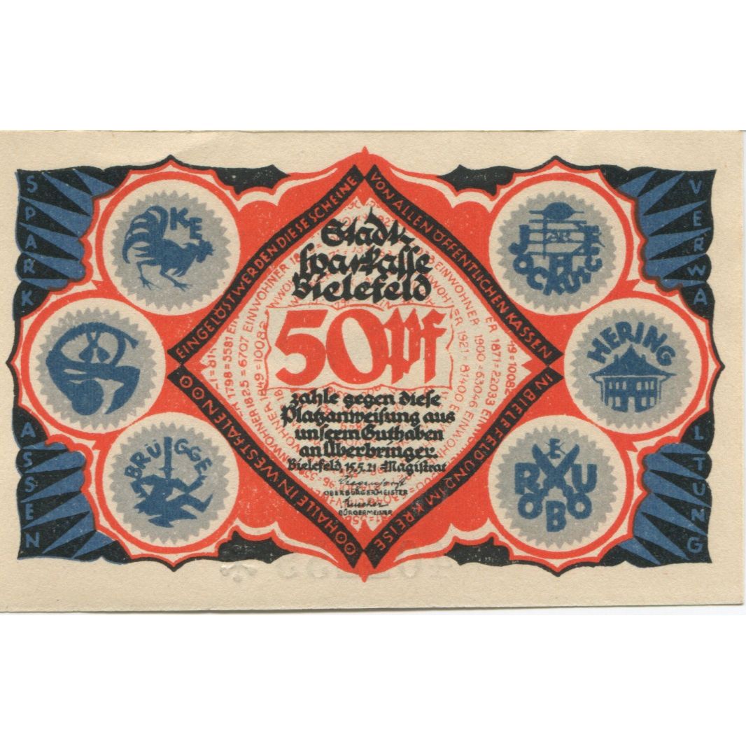 Banknote, Germany, Bielefeld Stadt, 50 Pfennig, personnage 2, 1921, 1921-05-15
