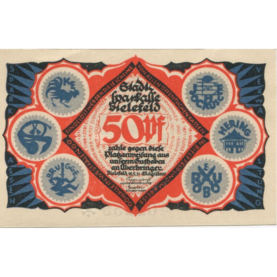 Banknote, Germany, Bielefeld Stadt, 50 Pfennig, personnage 2, 1921, 1921-05-15
