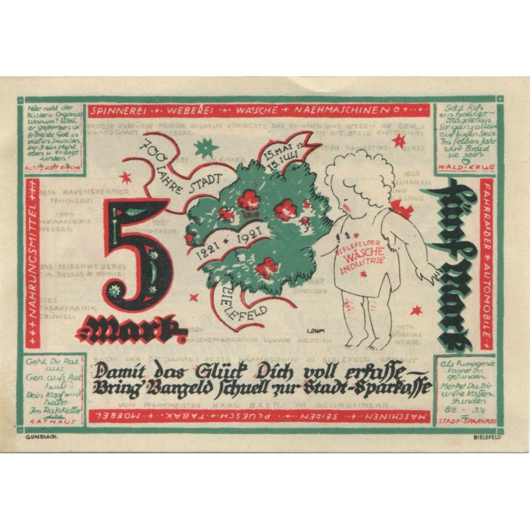 Banknot, Niemcy, Bielefeld Stadt, 5 Mark, personnage, 1922, 1922-10-01