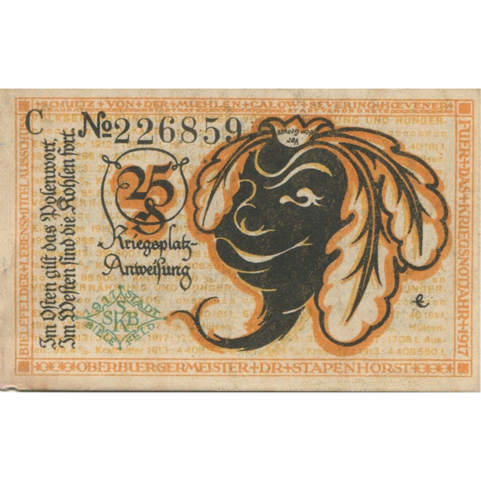 Banknote, Germany, Bielefeld Stadt, 25 Pfennig, valeur faciale 2, 1919
