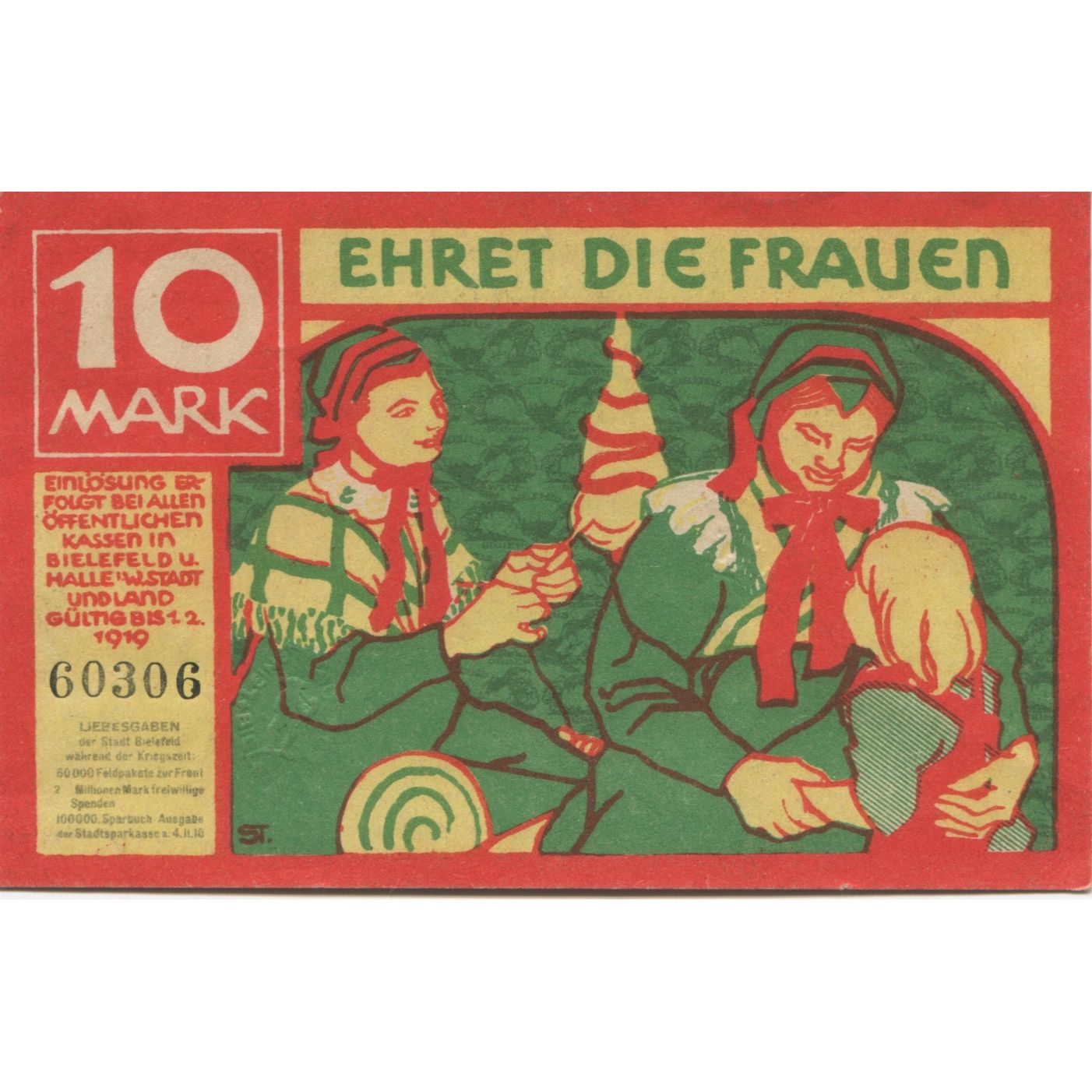 Banknote, Germany, Bielefeld Stadt, 10 Mark, Texte, 1919, 1919-02-01, AU(55-58)