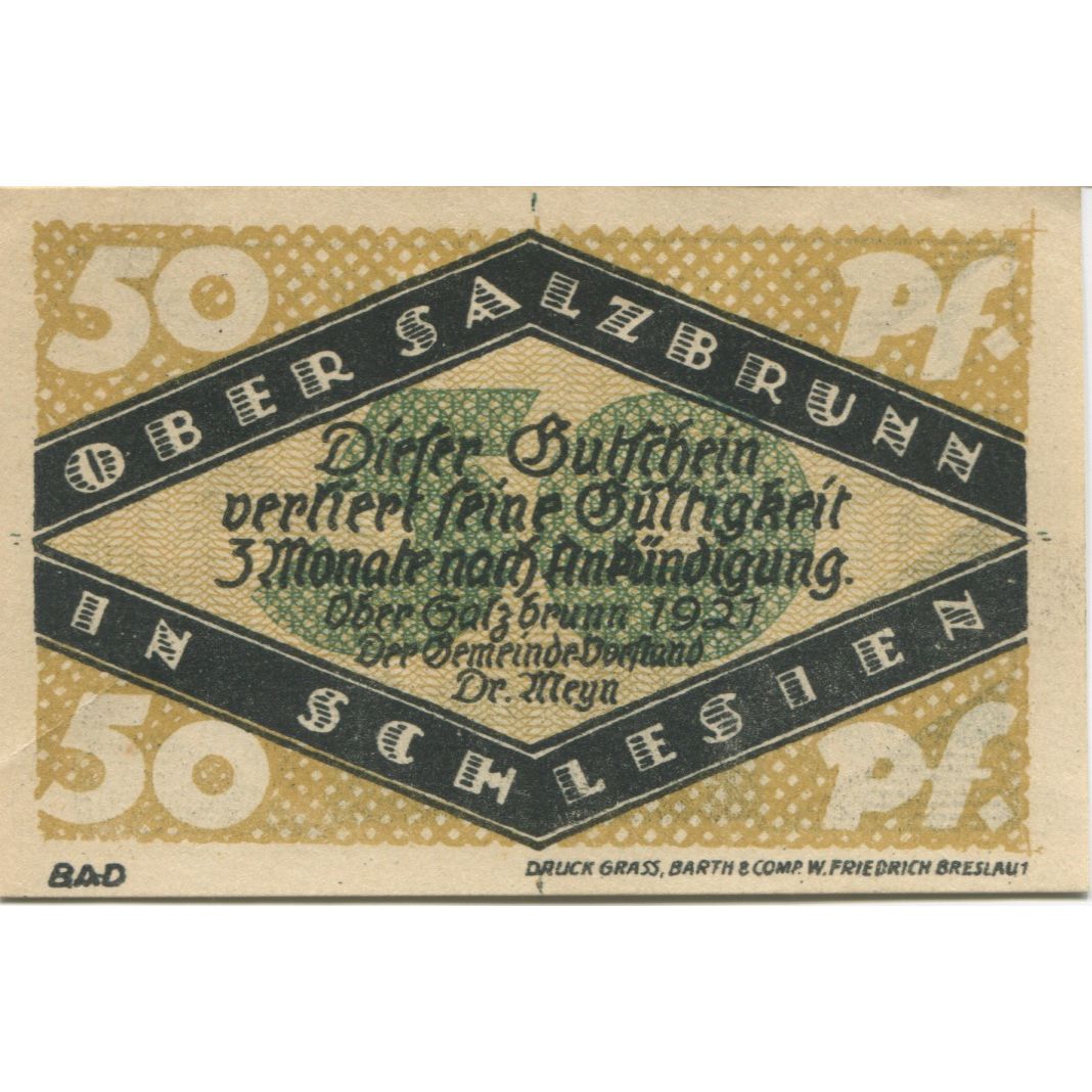 Banknote, Germany, Ober-Salzbrunn Gemeinde, 50 Pfennig, Batiment, 1921