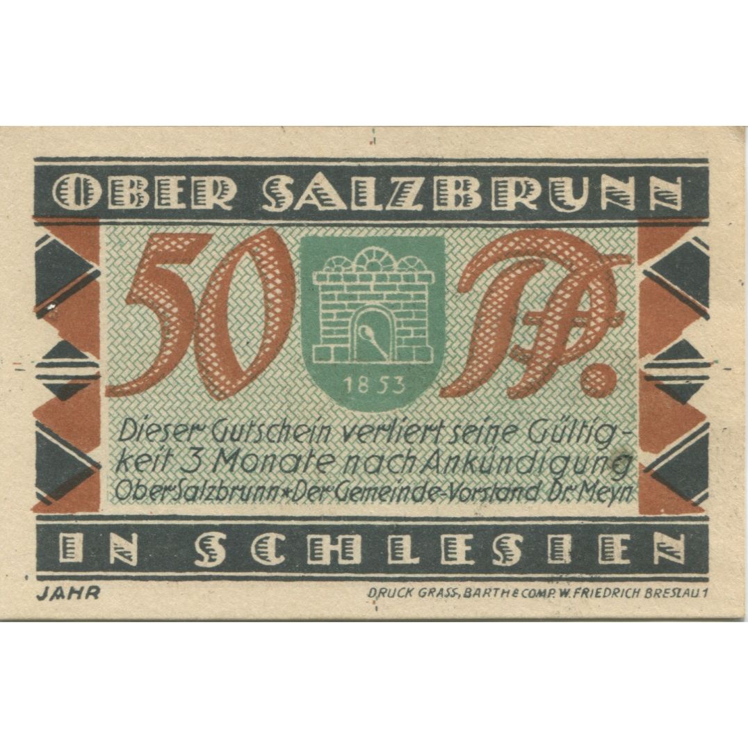 Banknote, Germany, Ober-Salzbrunn Gemeinde, 50 Pfennig, paysage, 1921