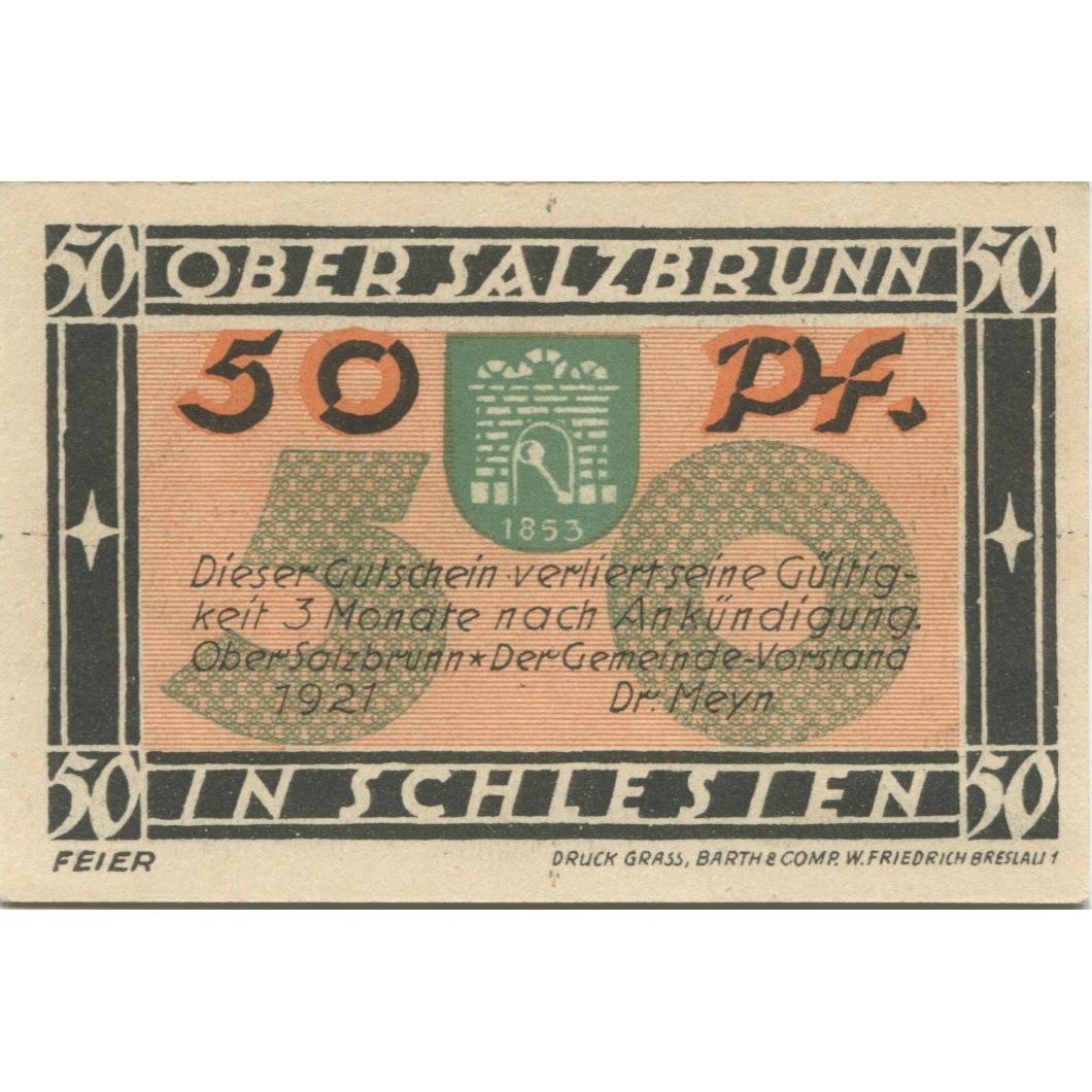 Banknote, Germany, Ober-Salzbrunn Gemeinde, 50 Pfennig, château, 1921