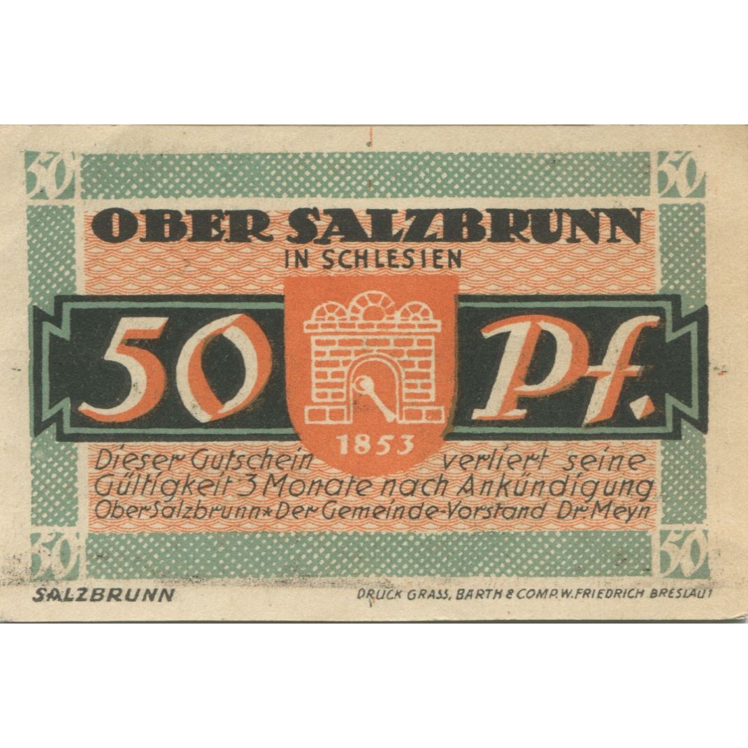 Banknote, Germany, Ober-Salzbrunn Gemeinde, 50 Pfennig, personnage, 1921