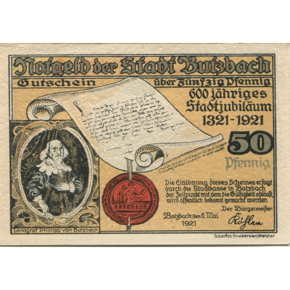 Banknote, Germany, Butzbach Stadt, 50 Pfennig, paysage, 1921, 1921-05-06