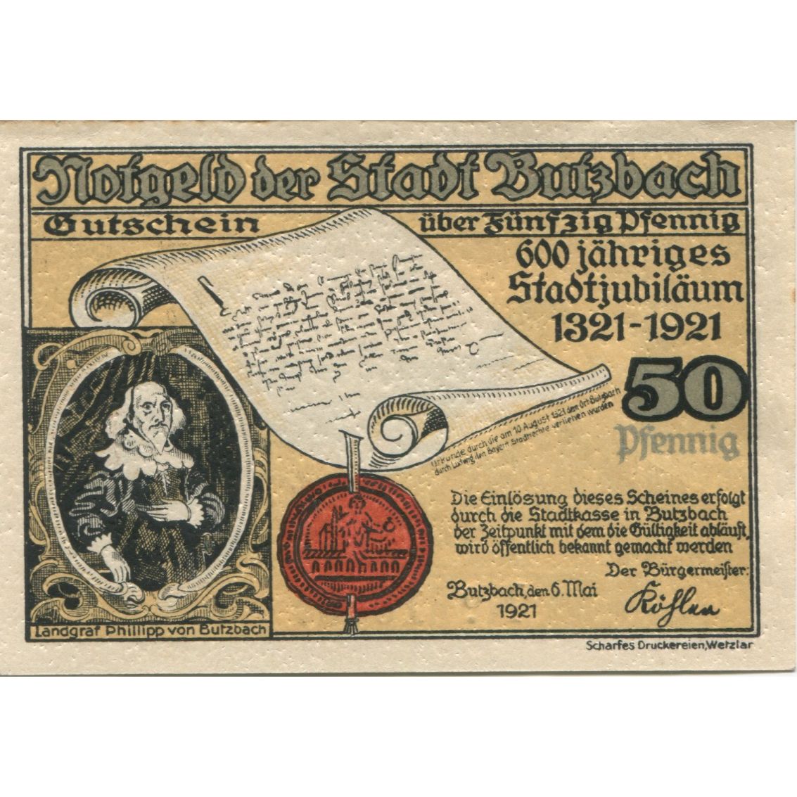 Banknote, Germany, Butzbach Stadt, 50 Pfennig, caserne, 1921, 1921-05-06
