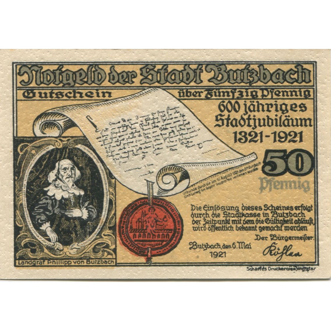 Banknote, Germany, Butzbach Stadt, 50 Pfennig, Eglise, 1921, 1921-05-06