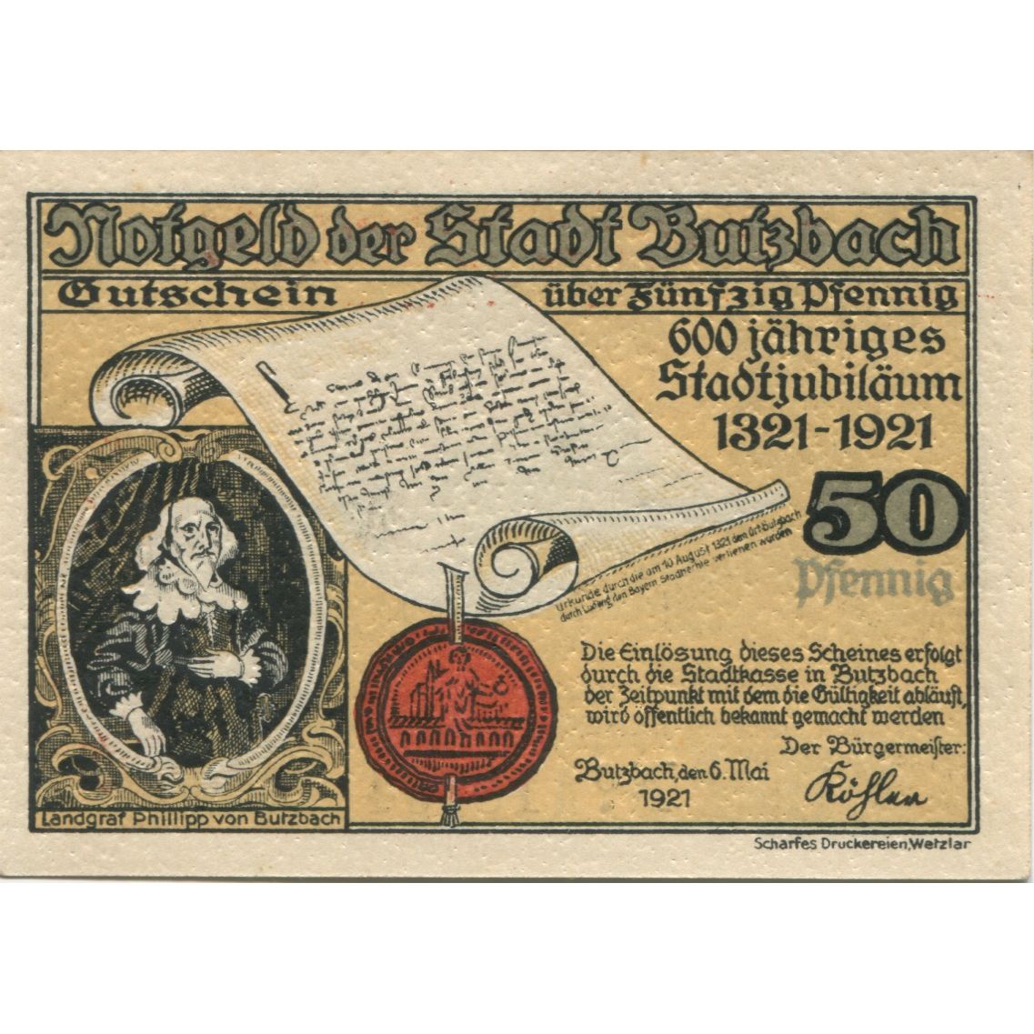 Banconote, Germania, Butzbach Stadt, 50 Pfennig, place, 1921, 1921-05-06, SPL-