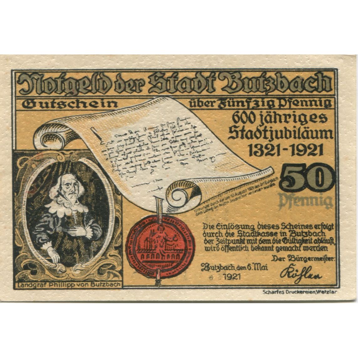 Banknote, Germany, Butzbach Stadt, 50 Pfennig, Batiment, 1921, 1921-05-06