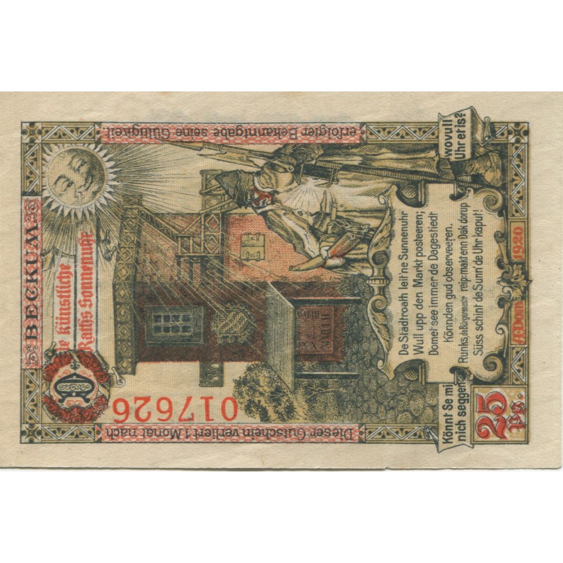 Billet, Allemagne, Beckum Stadt, 25 Pfennig, personnage, 1920, 1920-09-01, SUP