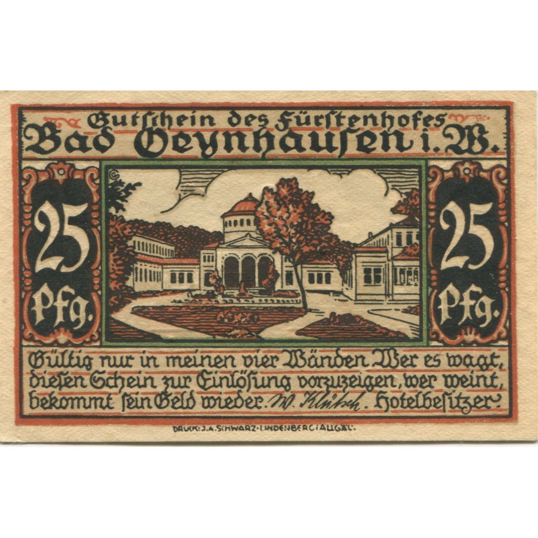 Banknote, Germany, Oeynhausen Bad W Klutsch Hotel Furstenhof, 25 Pfennig