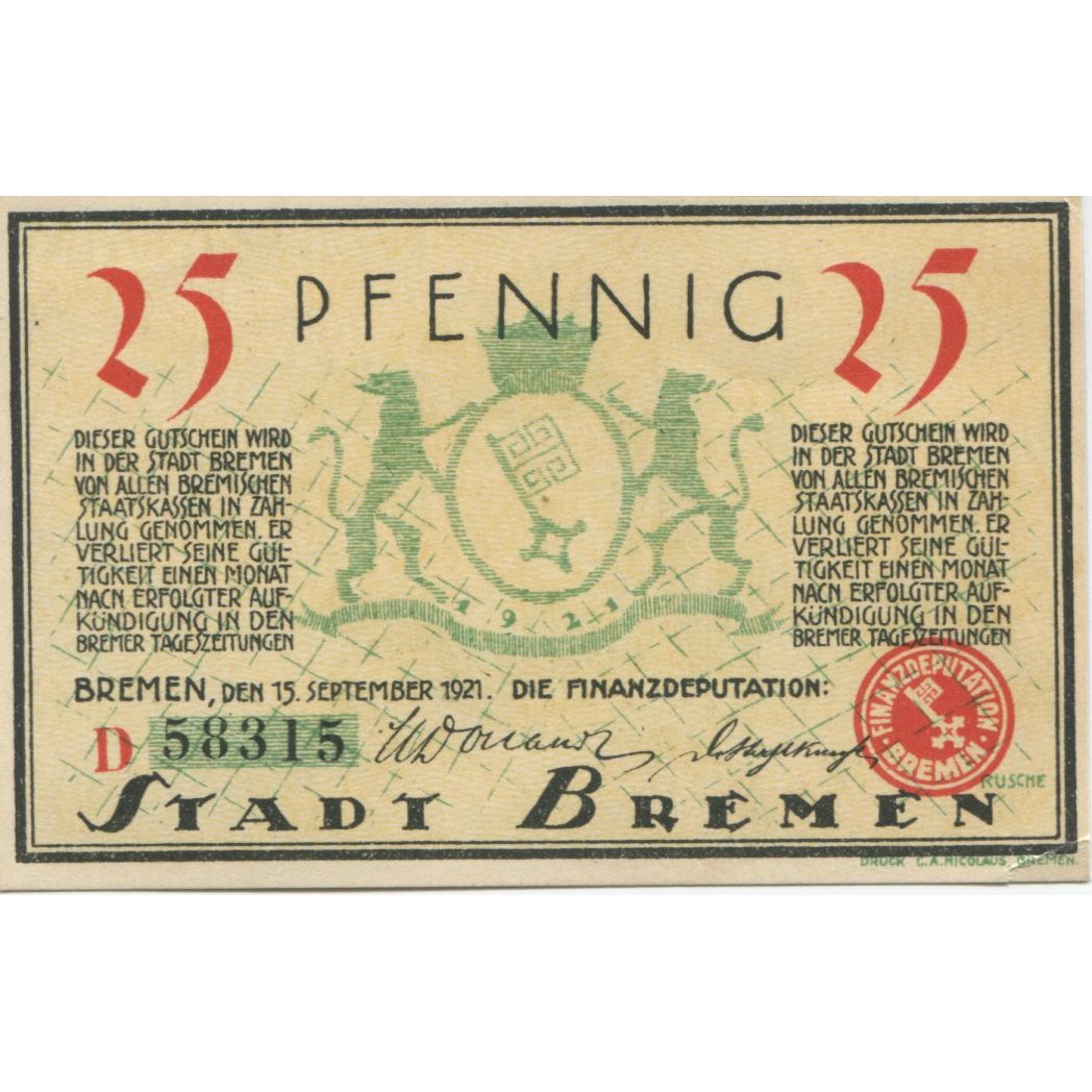 Banknote, Germany, Bremen Finanzdeputation, 25 Pfennig, place, 1921, 1921-09-15