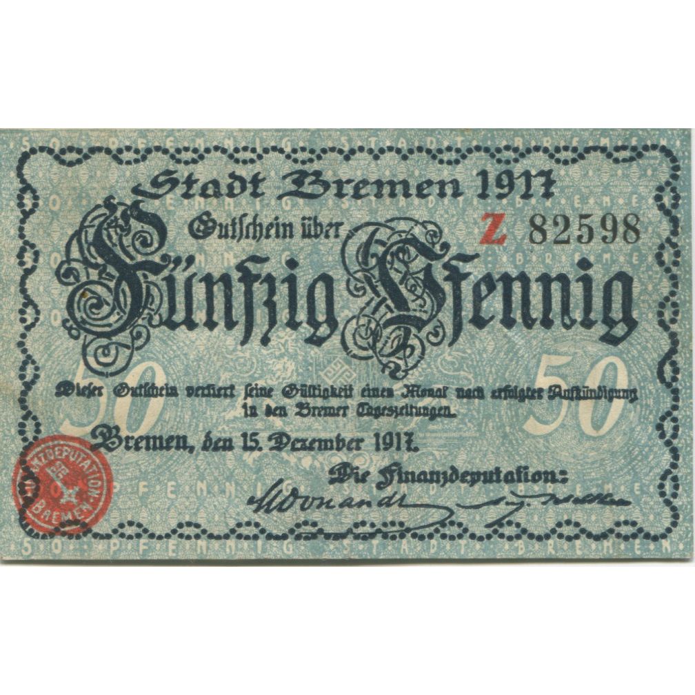 Banconote, Germania, Bremen Finanzdeputation, 50 Pfennig, Batiment, 1917