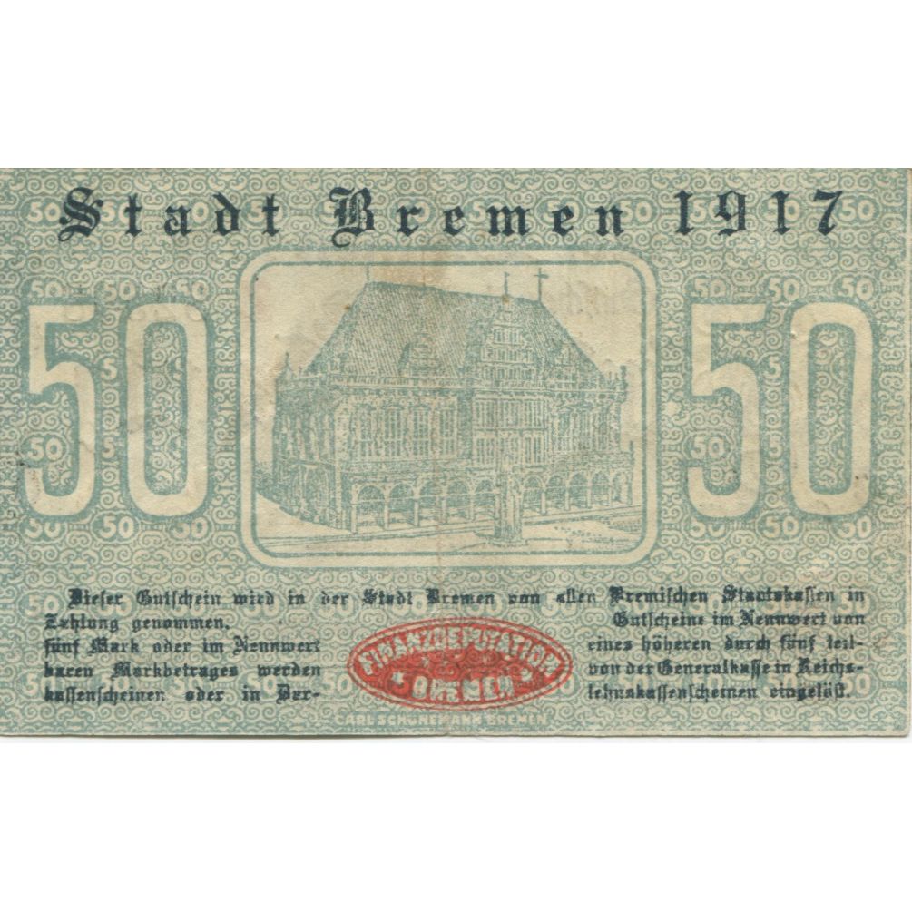 Banconote, Germania, Bremen Finanzdeputation, 50 Pfennig, Batiment, 1917