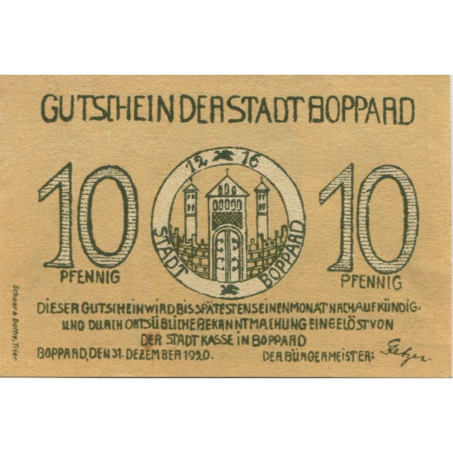 Banknote, Germany, Boppard Stadt, 10 Pfennig, Batiment, 1920, 1920-12-31