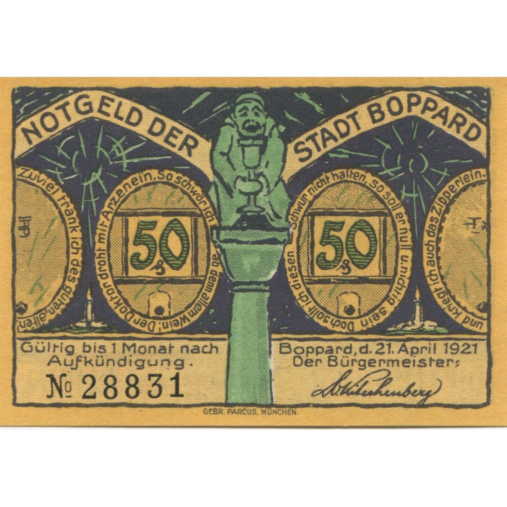 Banconote, Germania, Boppard Stadt, 50 Pfennig, personnage, 1921, 1921-04-21