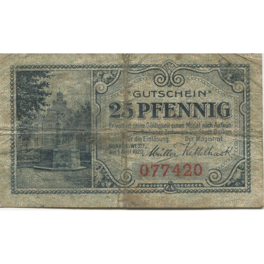 Banknote, Germany, Borken Stadt, 25 Pfennig, rue, 1920, 1920-04-01, VF(30-35)