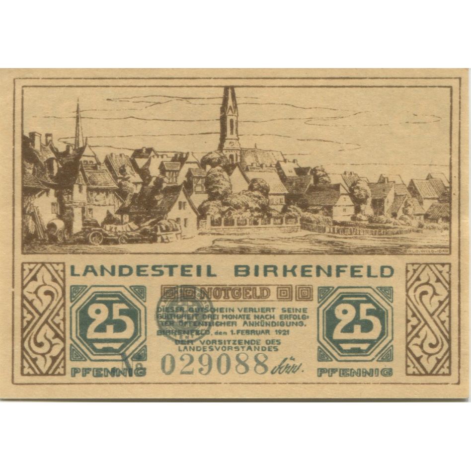 Banknote, Germany, Birkenfeld Landesvorstand, 25 Pfennig, cerf, 1921