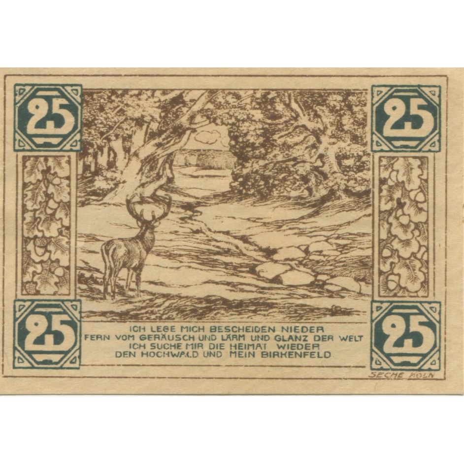 Banknote, Germany, Birkenfeld Landesvorstand, 25 Pfennig, cerf, 1921