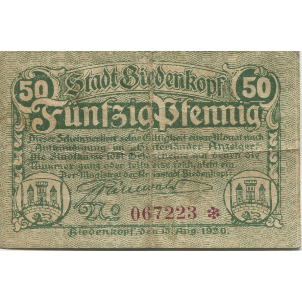 Banknote, Germany, Biedenkopf Stadt, 50 Pfennig, paysage, VF(30-35), Mehl:B43.1