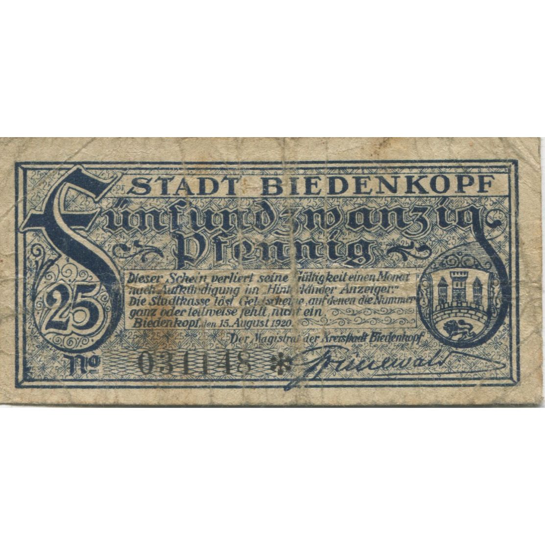 Billet, Allemagne, Biedenkopf Stadt, 25 Pfennig, Blason, 1920, 1920-08-15, TB+