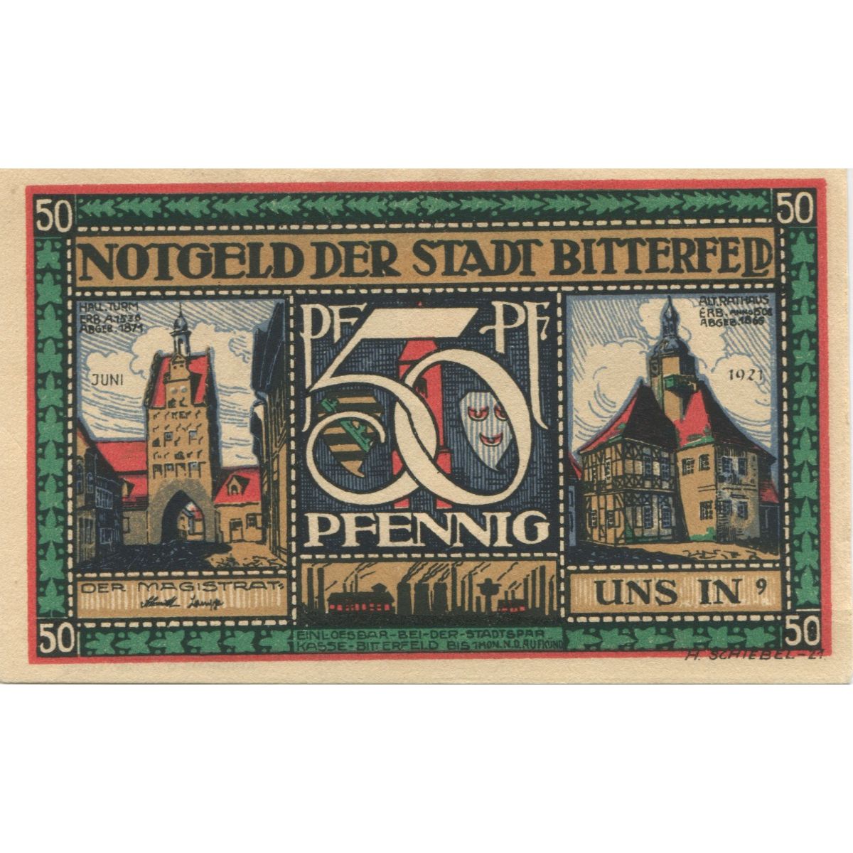 Geldschein, Deutschland, Bitterfeld Stadt, 50 Pfennig, personnage 6, 1921, VZ