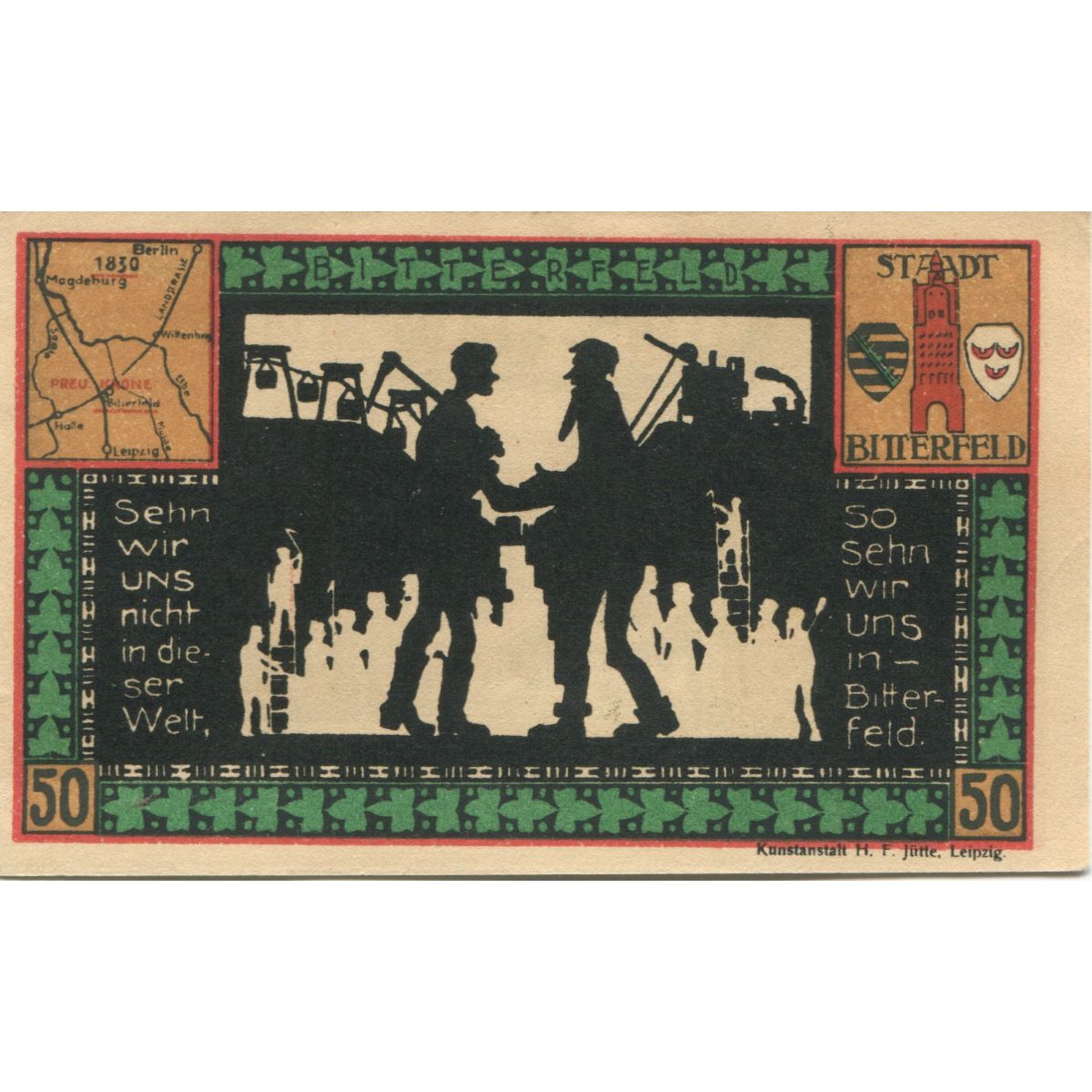 Geldschein, Deutschland, Bitterfeld Stadt, 50 Pfennig, personnage 6, 1921, VZ