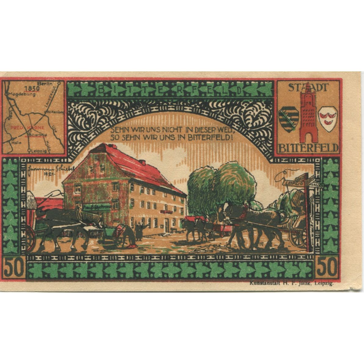 Banknote, Germany, Bitterfeld Stadt, 50 Pfennig, village, 1921, AU(55-58)
