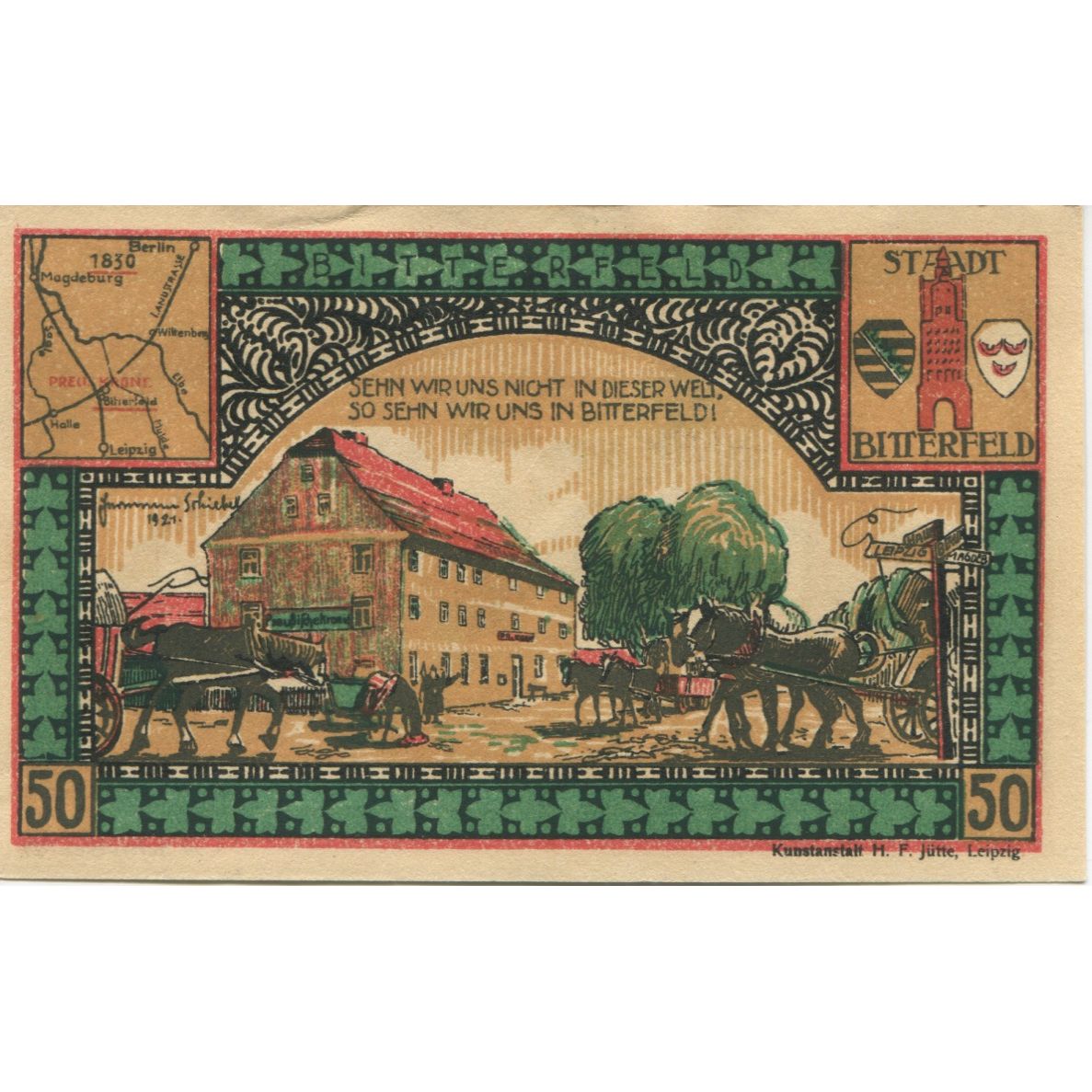 Billet, Allemagne, Bitterfeld Stadt, 50 Pfennig, village 1, 1921, SUP