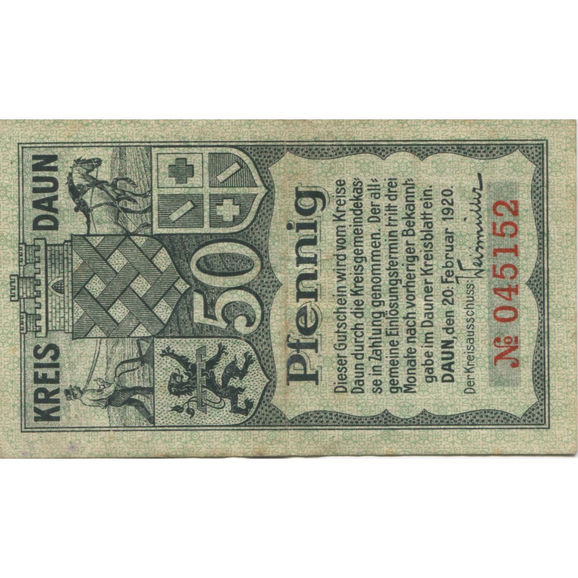 Banconote, Germania, Daun Kreis, 50 Pfennig, paysage, 1920, 1920-02-20, BB+