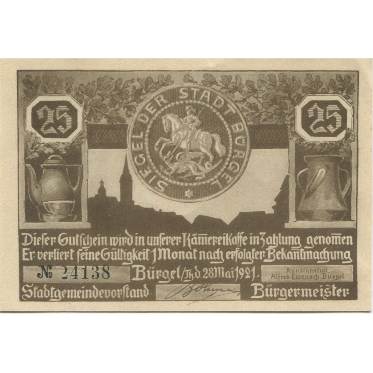 Nota, Alemanha, Burgel Stadt, 25 Pfennig, personnage 1, 1921, 1921-05-28